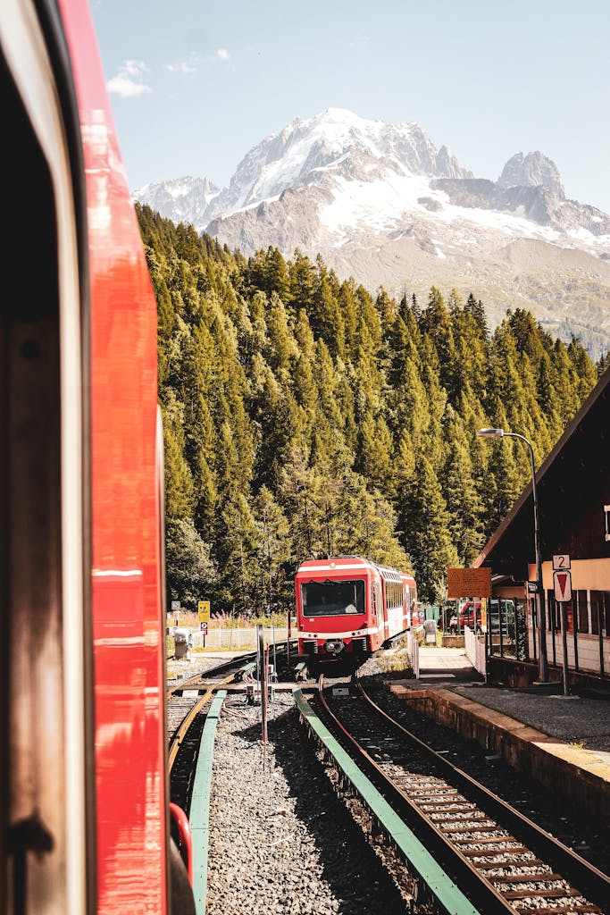 Trains Passing Each Other at the Station in the Mountains